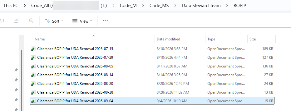 BOPIP folder on the DST drive with a weekly Clearance BOPIP for UDA Removal file for each date.