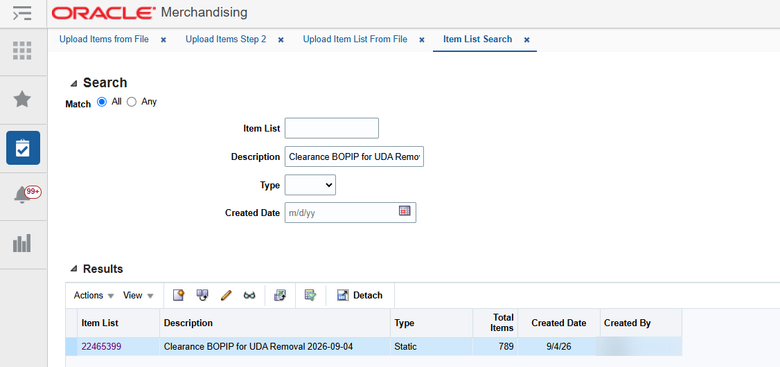 Item List Search results showing the uploaded Clearance BOPIP item list with its total items.