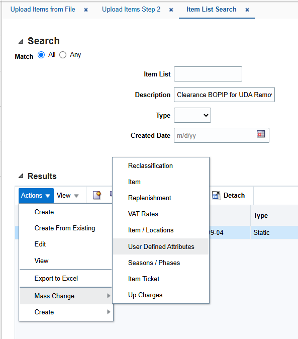 Actions menu open on Mass Change with User Defined Attributes highlighted.