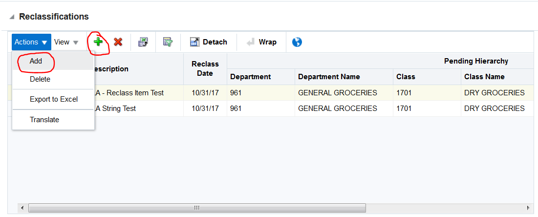 Actions menu open with Add circled, next to the green plus button.