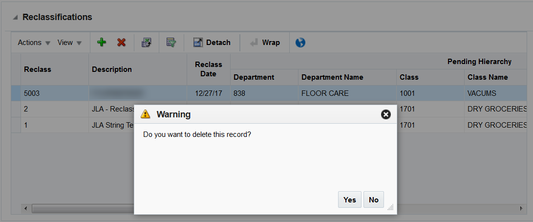 Warning: Do you want to delete this record? with Yes and No.