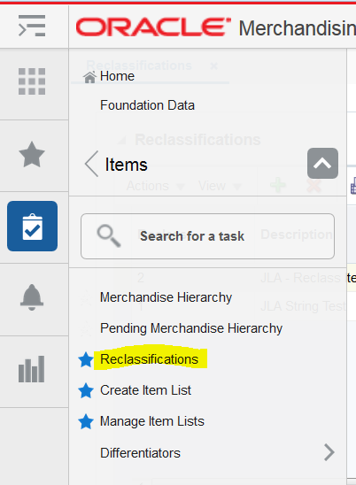 RMS v16 task menu with Reclassifications highlighted under Foundation Data, Items.
