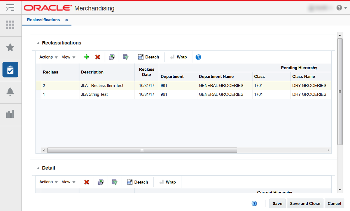 Reclassifications screen showing pending re-classes and the Detail section.