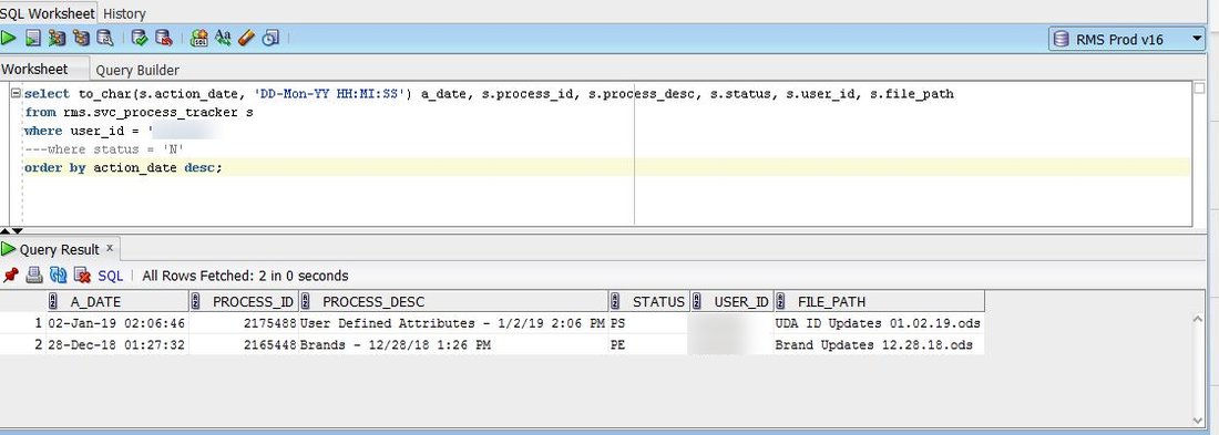 Process tracker query results showing one upload with status PS and one with status PE.