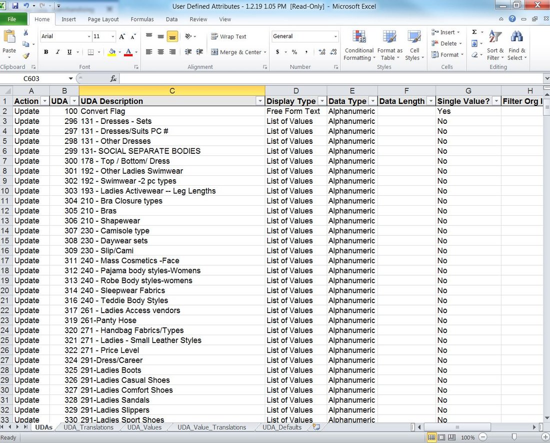 Downloaded UDA workbook showing the UDAs tab and the five tabs along the bottom.