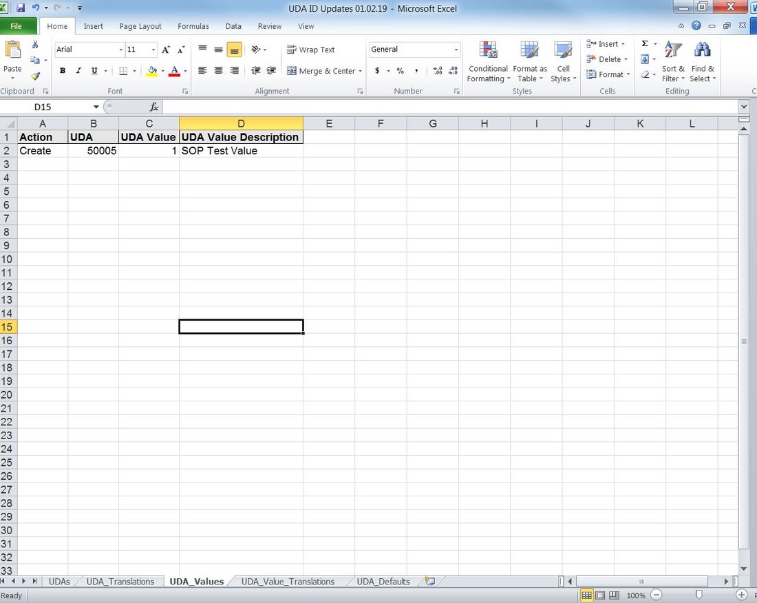 UDA_Values tab with a single Create row for UDA 50005, value 1, SOP Test Value.
