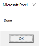 Microsoft Excel window reading Done with an OK button.