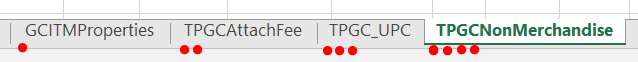 Workbook tabs used for TPGC: GCITMProperties, TPGCAttachFee, TPGC_UPC and TPGCNonMerchandise.