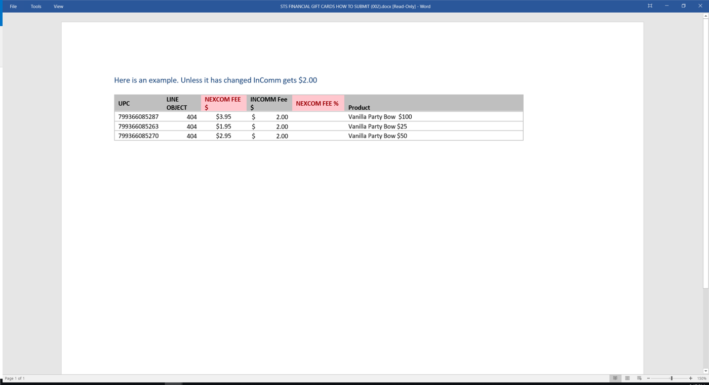 Sample STS form with UPC, line object 404, NEXCOM fee, InComm fee of $2.00 and product name for three Vanilla gift cards.