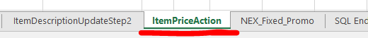 ItemPriceAction tab highlighted in the workbook.