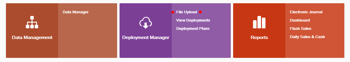 Xadmin home page tiles with File Upload under Deployment Manager.