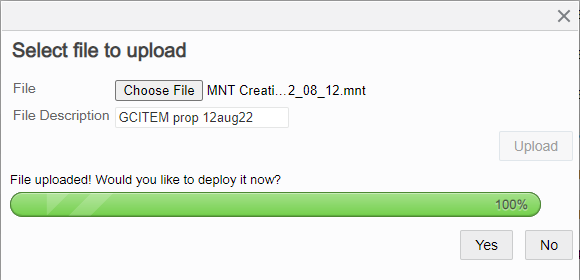 File uploaded, would you like to deploy it now, with Yes and No buttons.